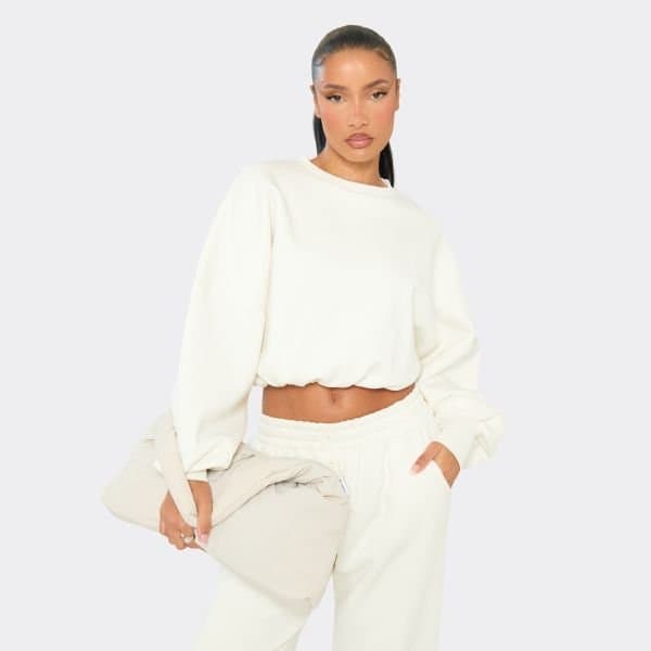EGO EGO Cream Bubble Hem Cropped Sweatshirt in Cream