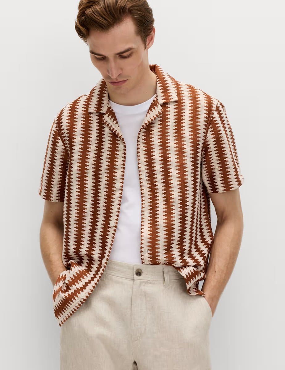 Marks & Spencer M&S Regular Fit Cotton Blend Short Sleeve Shirt Rust Mix