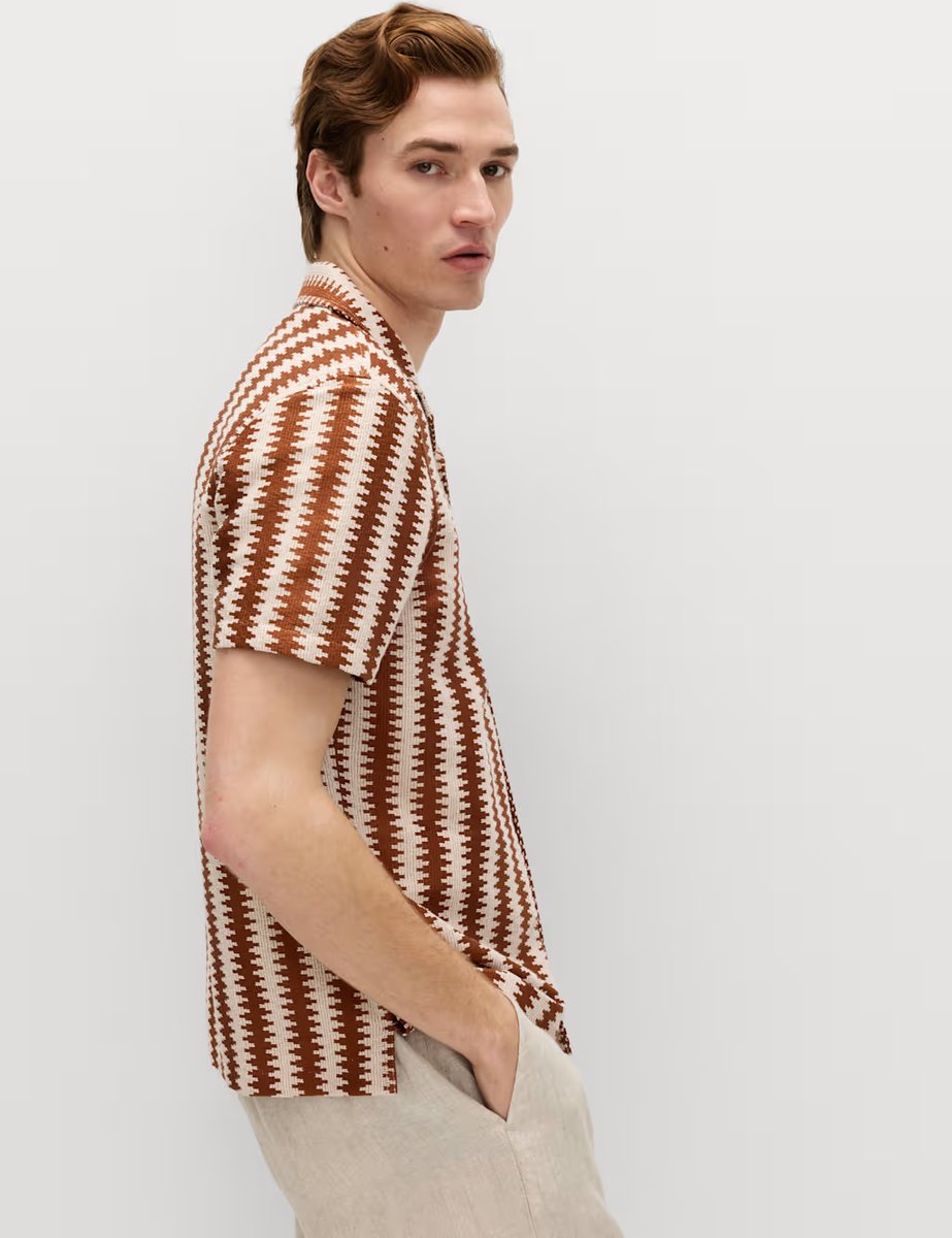 Marks & Spencer M&S Regular Fit Cotton Blend Short Sleeve Shirt Rust Mix - 2