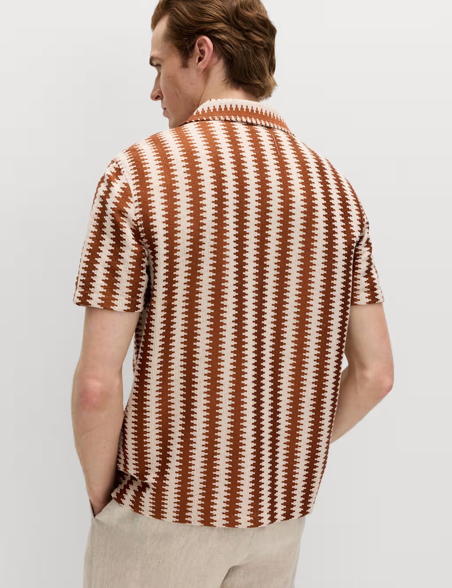 Marks & Spencer M&S Regular Fit Cotton Blend Short Sleeve Shirt Rust Mix - 4