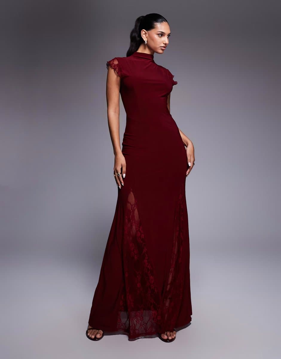 ASOS ASOS DESIGN high neck cap sleeve maxi dress with lace insert detailing in wine