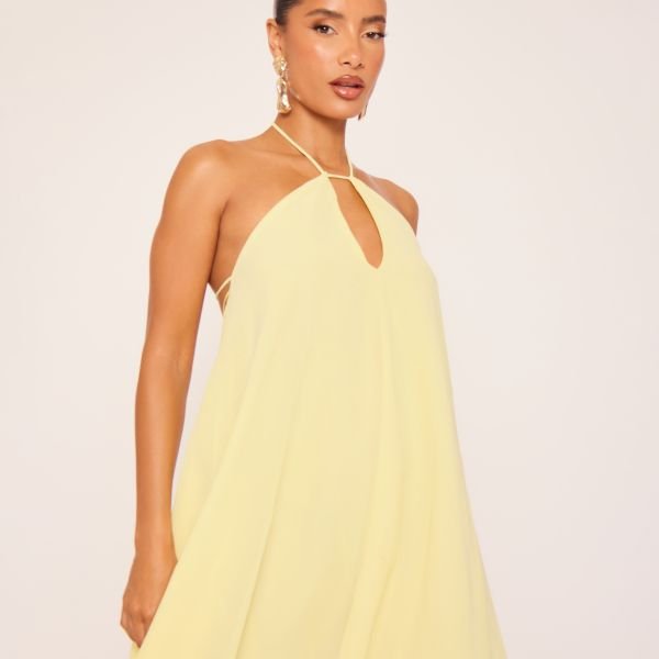 EGO Halterneck Keyhole Detail Floaty Mini Dress In Yellow, Women's Size UK Large L - 2