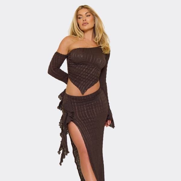 EGO Long Frill Sleeve Asymmetric Top In Chocolate Textured, Women's Size UK 6