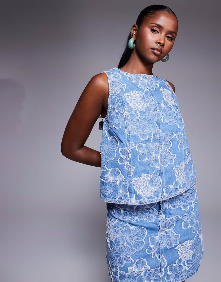ASOS River Island floral denim top co-ord in midwash blue