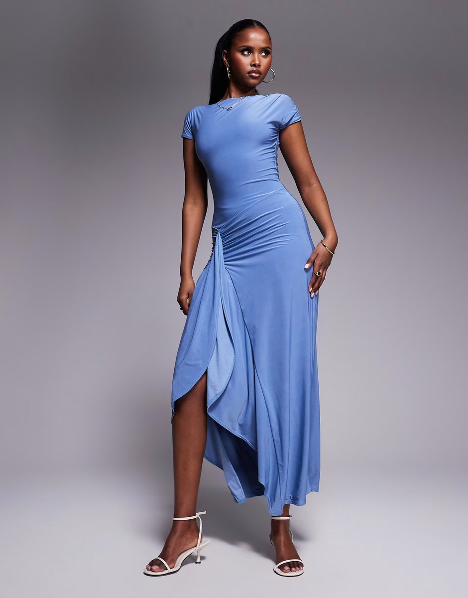 ASOS Kaiia exclusive double layered slinky cap sleeve side split drape detail maxi dress in sky blue - 1