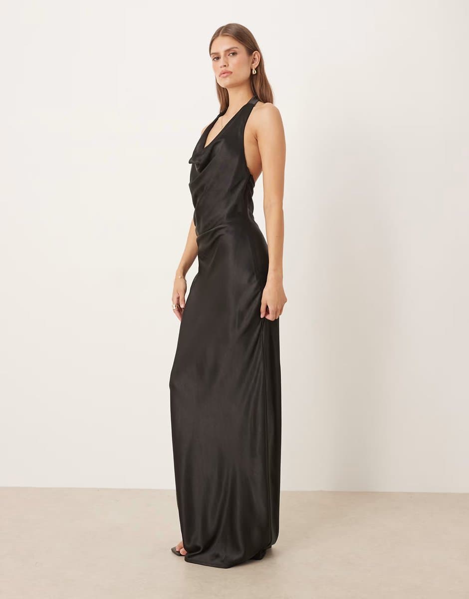 ASOS SNDYS satin cowl neck scarf detail maxi dress in black