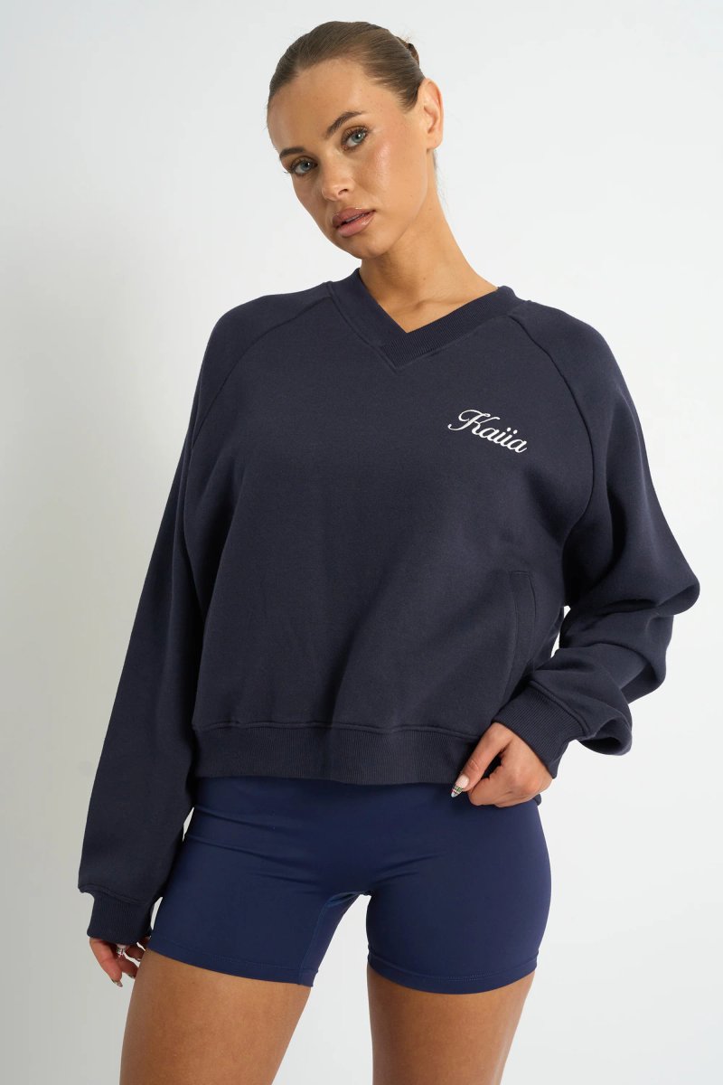 Kaiia Kaiia Script V Neck Oversized Sweatshirt Navy & Yellow - 1