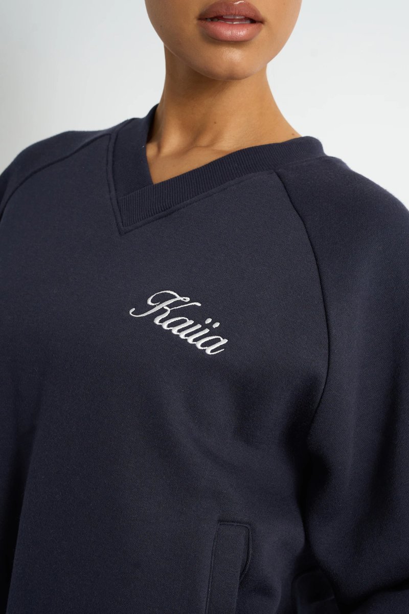 Kaiia Kaiia Script V Neck Oversized Sweatshirt Navy & Yellow - 4