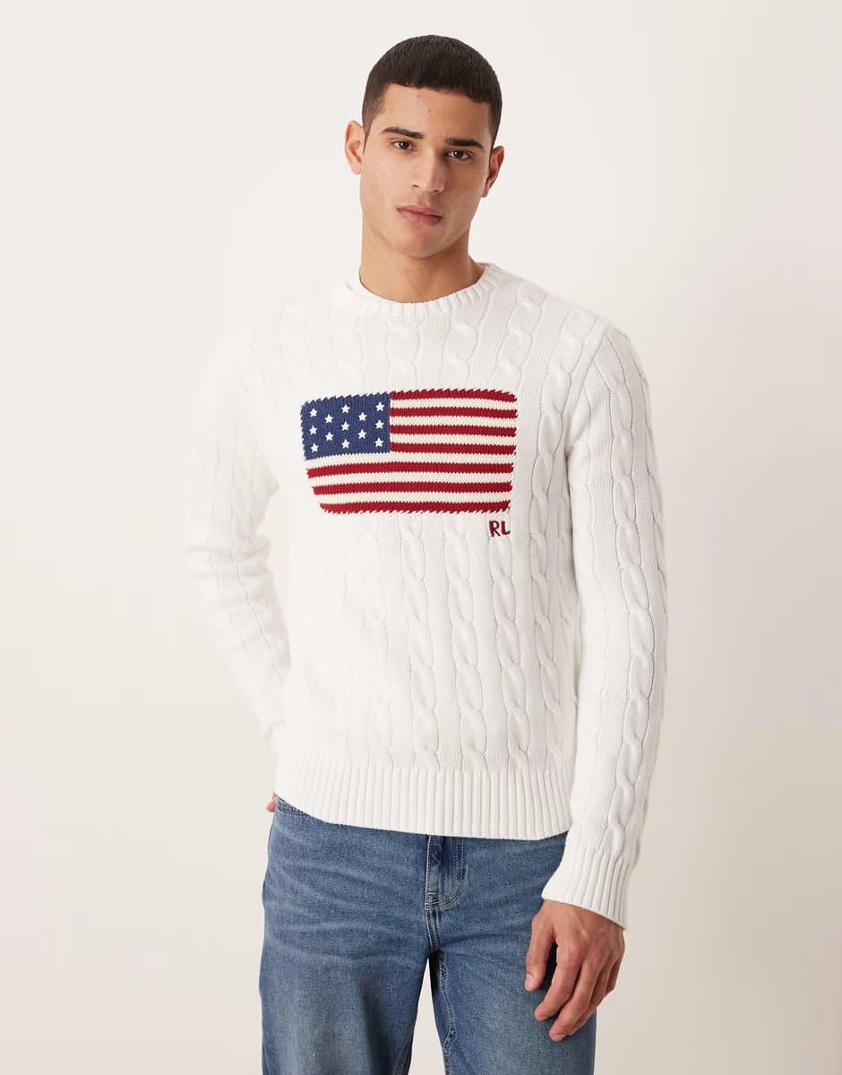 ASOS Polo Ralph Lauren Team USA chest flag cotton cable knitted jumper in White