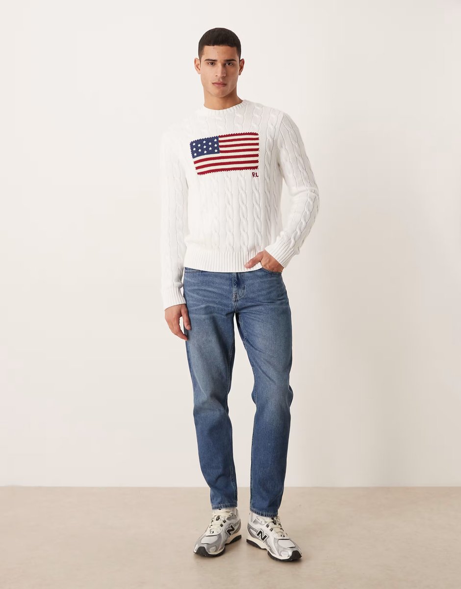 ASOS Polo Ralph Lauren Team USA chest flag cotton cable knitted jumper in White - 2