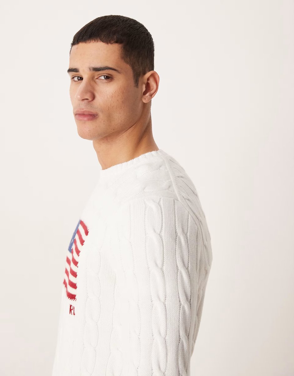 ASOS Polo Ralph Lauren Team USA chest flag cotton cable knitted jumper in White - 4