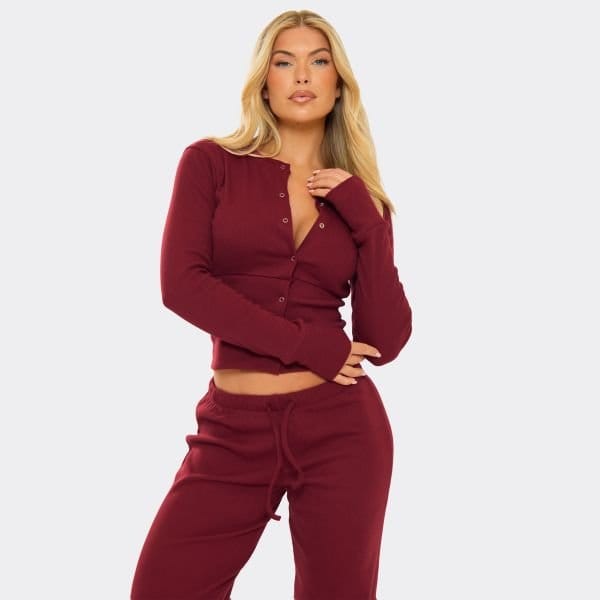 EGO Long Sleeve Button Up Front Fitted Top In Burgundy Ribbed, Women's Size UK 16 - 1