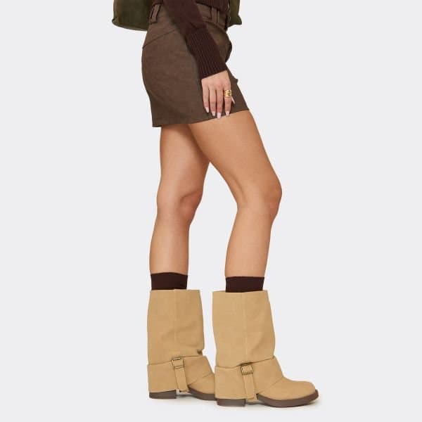 EGO Karla Buckle Detail Mid Calf Chunky Biker Boot In Beige Faux Suede, Women's Size UK 3