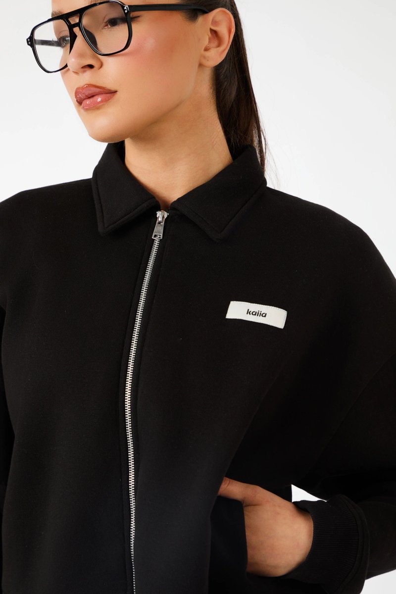 Kaiia Kaiia Label Logo Collared Zip Through Sweatshirt Black - 2