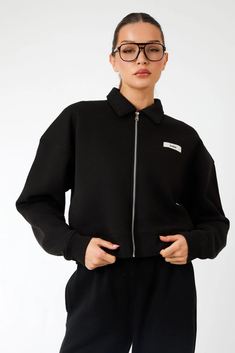 Kaiia Kaiia Label Logo Collared Zip Through Sweatshirt Black - 4