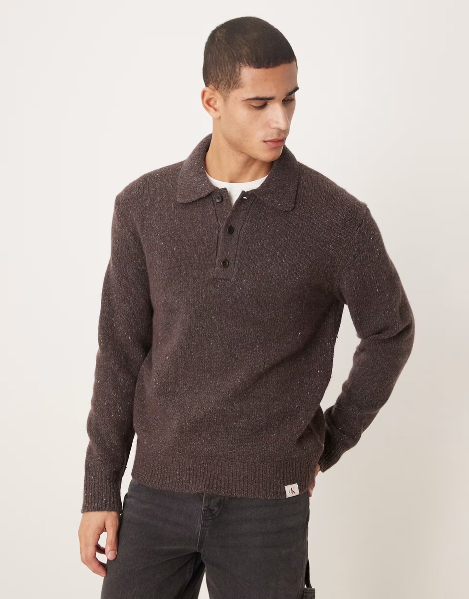 ASOS Calvin Klein Jeans polo neck knitted jumper in brown - 1