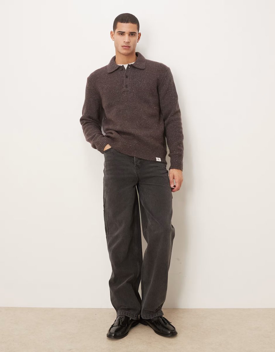 ASOS Calvin Klein Jeans polo neck knitted jumper in brown - 2