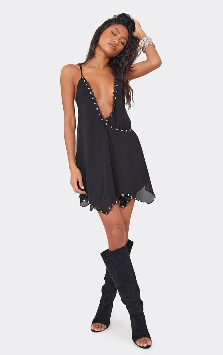 EGO Double Strap Lace Trim Plunge Front Studded Mini Dress In Black, Women's Size UK 6 - 2