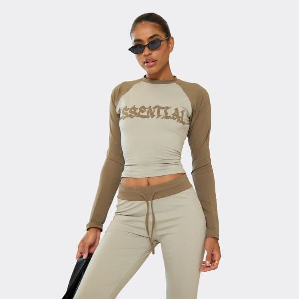 EGO Long Sleeve Distressed Graphic Detail Fitted Top In Khaki Green, Women's Size UK 6 - 1