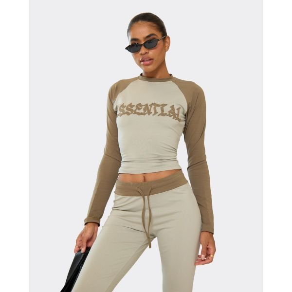 EGO Long Sleeve Distressed Graphic Detail Fitted Top In Khaki Green, Women's Size UK 6 - 2