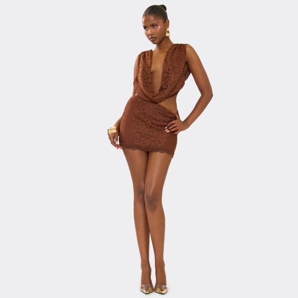 EGO Mini Bodycon Skirt In Brown Lace, Women's Size UK 6 - 1