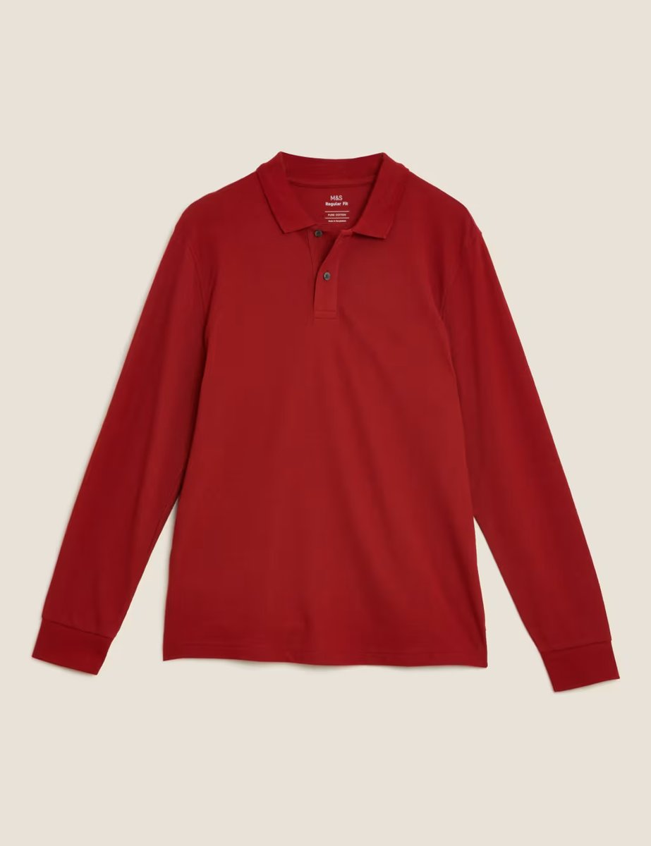 Marks & Spencer M&S Pure Cotton Long Sleeve Polo Shirt Dark Red - 2
