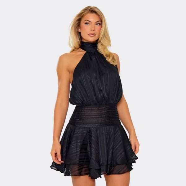 EGO High Neck Open Back Layered Frill Hem Mini Dress In Black, Women's Size UK 6 - 1