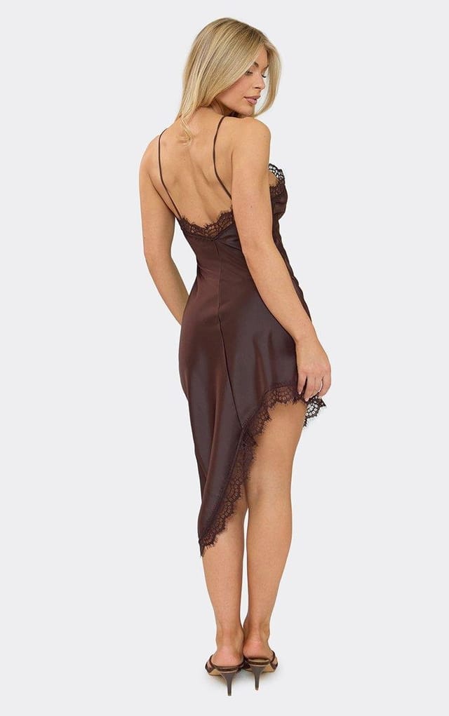 EGO Halter Neck Lace Trim Asymmetric Mini Dress In Chocolate Brown, Women's Size UK 6 - 2