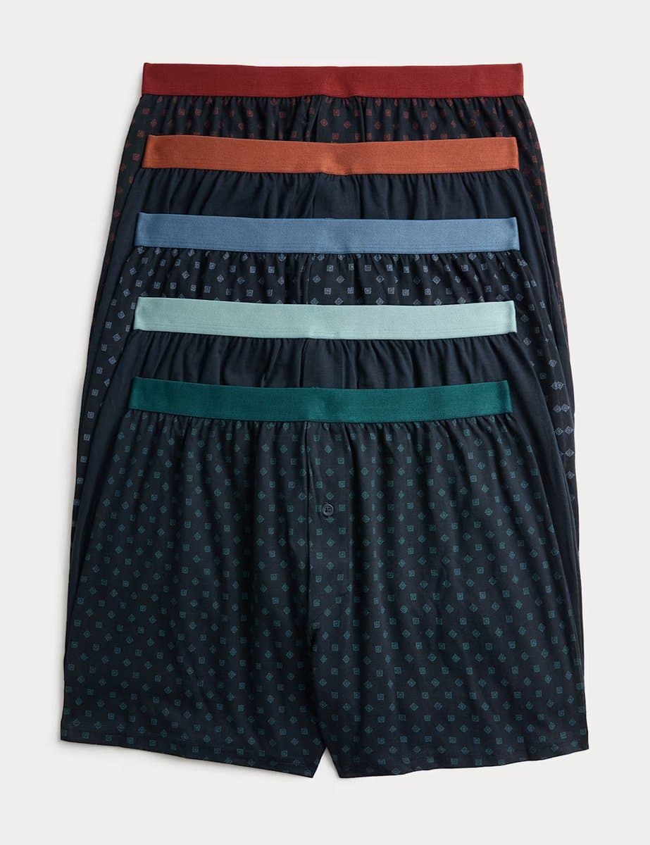 Marks & Spencer M&S 5 Pack Pure Cotton Cool & Fresh™ Geo Boxers Navy Mix