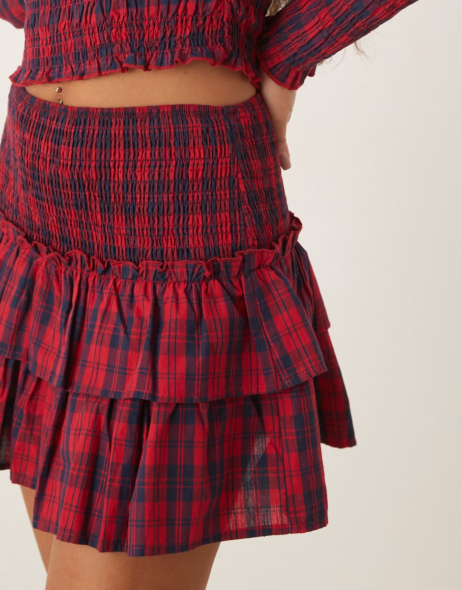 ASOS Kiss The Sky ruched mini skirt in burgundy check - 2