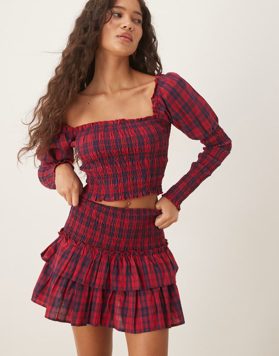 ASOS Kiss The Sky ruched mini skirt in burgundy check - 4