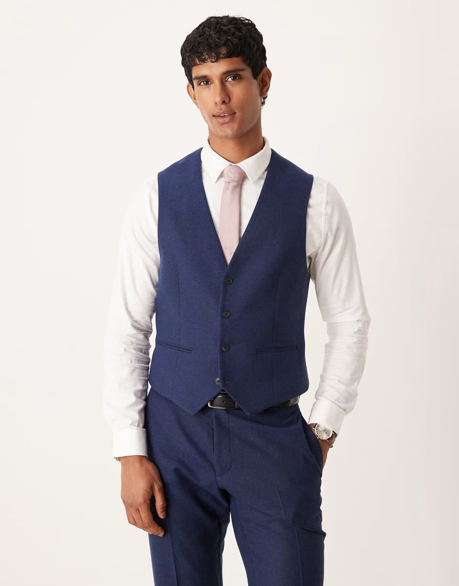 ASOS ASOS DESIGN slim herringbone suit waistcoat with wool in navy