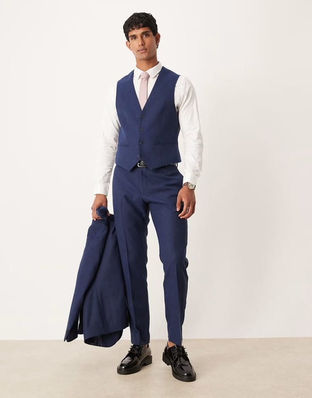 ASOS ASOS DESIGN slim herringbone suit waistcoat with wool in navy - 2