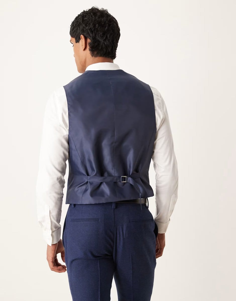 ASOS ASOS DESIGN slim herringbone suit waistcoat with wool in navy - 4