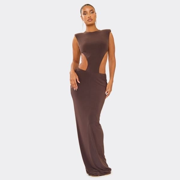 EGO Shoulder Pad Cut Out Detail Maxi Dress In Chocolate Brown, Women's Size UK 6 - 1