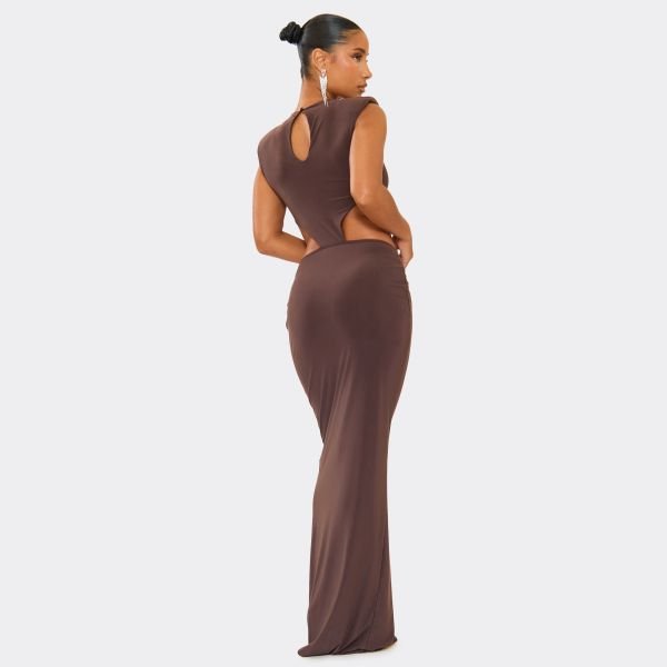 EGO Shoulder Pad Cut Out Detail Maxi Dress In Chocolate Brown, Women's Size UK 6 - 2