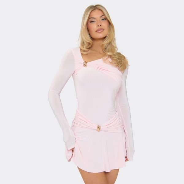 EGO Long Sleeve Trim Frilled Hem Detail Mini Dress In Baby Pink, Women's Size UK 6