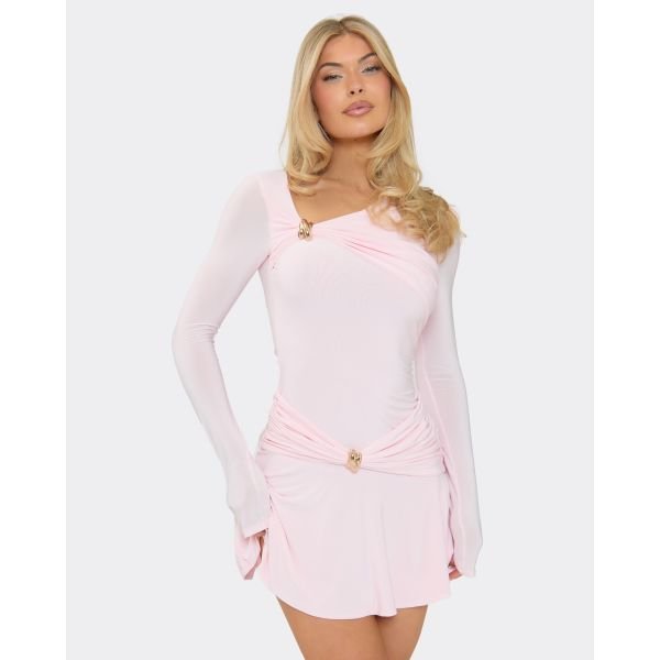 EGO Long Sleeve Trim Frilled Hem Detail Mini Dress In Baby Pink, Women's Size UK 6 - 2