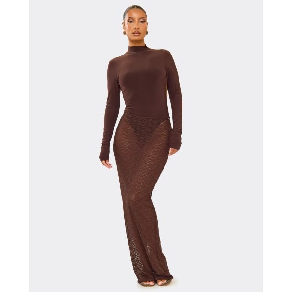 EGO Low Waist Lace Maxi Skirt In Chocolate Brown, Women's Size UK 6 - 2