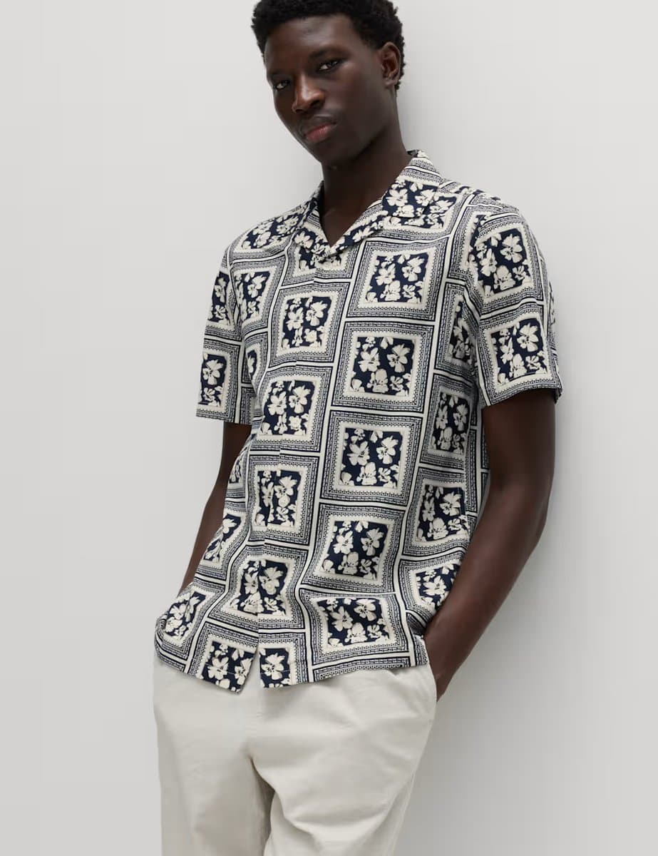 Marks & Spencer M&S Pure Cotton Floral Short Sleeve Shirt Ecru Mix