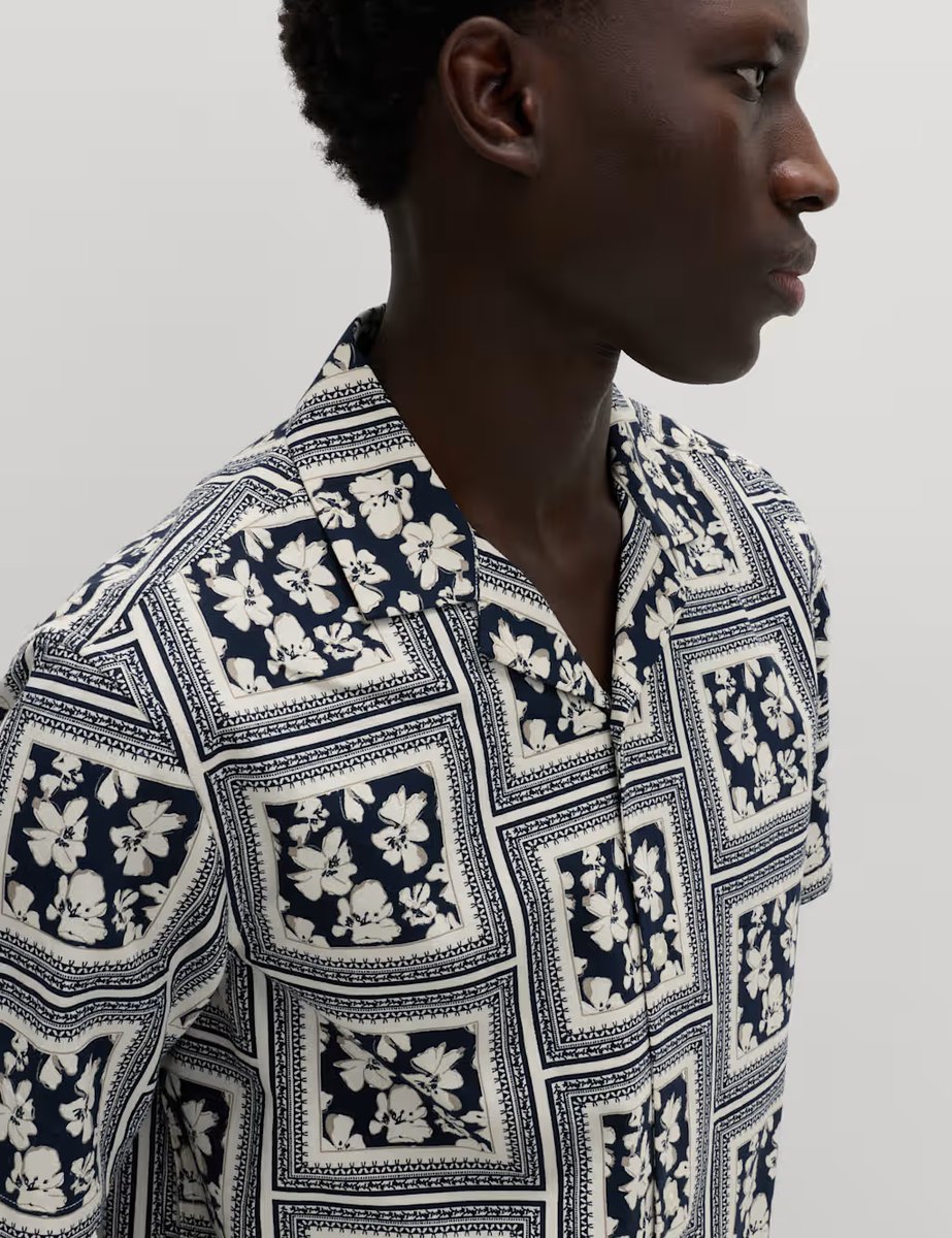 Marks & Spencer M&S Pure Cotton Floral Short Sleeve Shirt Ecru Mix - 2