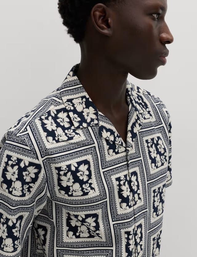 Marks & Spencer M&S Pure Cotton Floral Short Sleeve Shirt Ecru Mix - 2