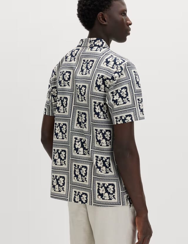 Marks & Spencer M&S Pure Cotton Floral Short Sleeve Shirt Ecru Mix - 3