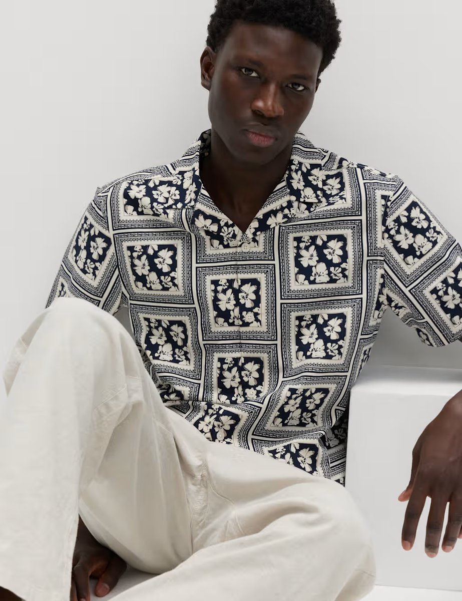 Marks & Spencer M&S Pure Cotton Floral Short Sleeve Shirt Ecru Mix - 4