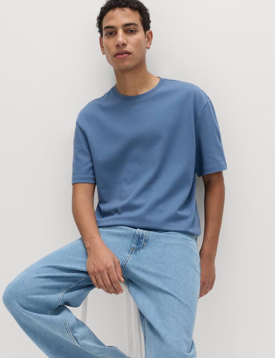 Marks & Spencer M&S Comfortable Ultimate Performance Striped T-Shirt in Blue Mix