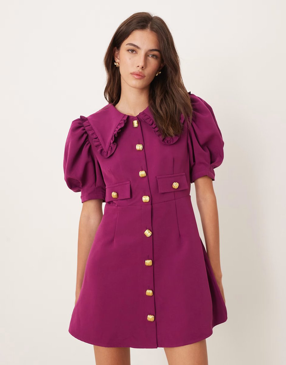 ASOS Sister Jane puff sleeve button front shirt mini dress in purple - 1