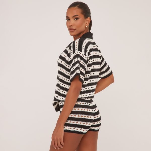 EGO Low Rise Micro Shorts In Black And White Stripe Crochet Knit, Women's Size UK Small S - 2