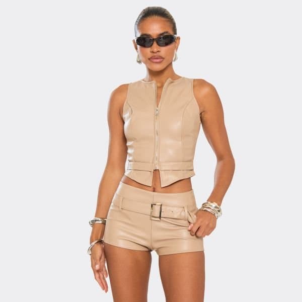 EGO Sleeveless Zip Front Top In Brown Faux Leather, Women's Size UK 6