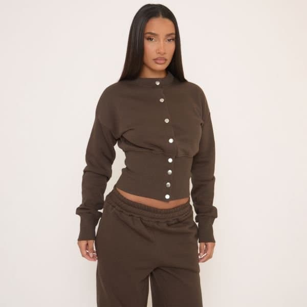 EGO Long Sleeve Popper Detail Cinched Waist Sweatshirt In Brown, Women's Size UK 4