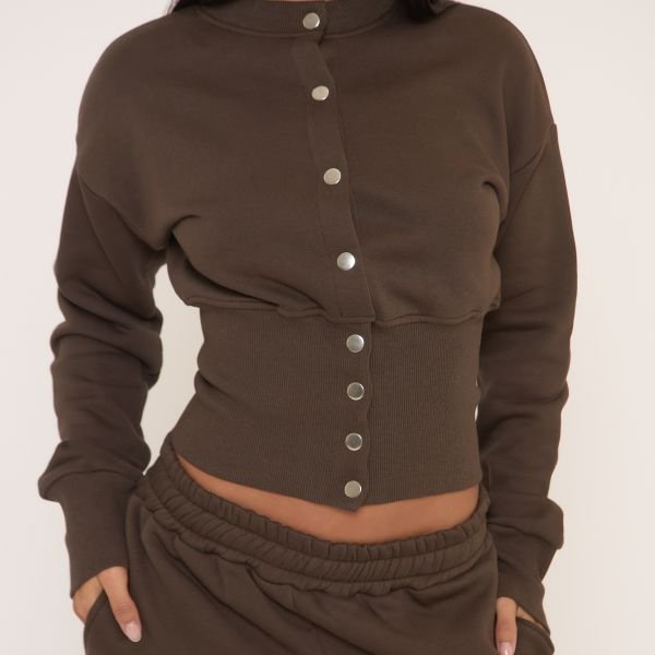EGO Long Sleeve Popper Detail Cinched Waist Sweatshirt In Brown, Women's Size UK 4 - 2